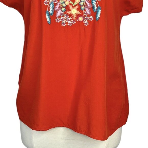 Luna Moon Short Sleeve Blouse Shirt Womens Small Orange Embroidered Vneck - Picture 4 of 9